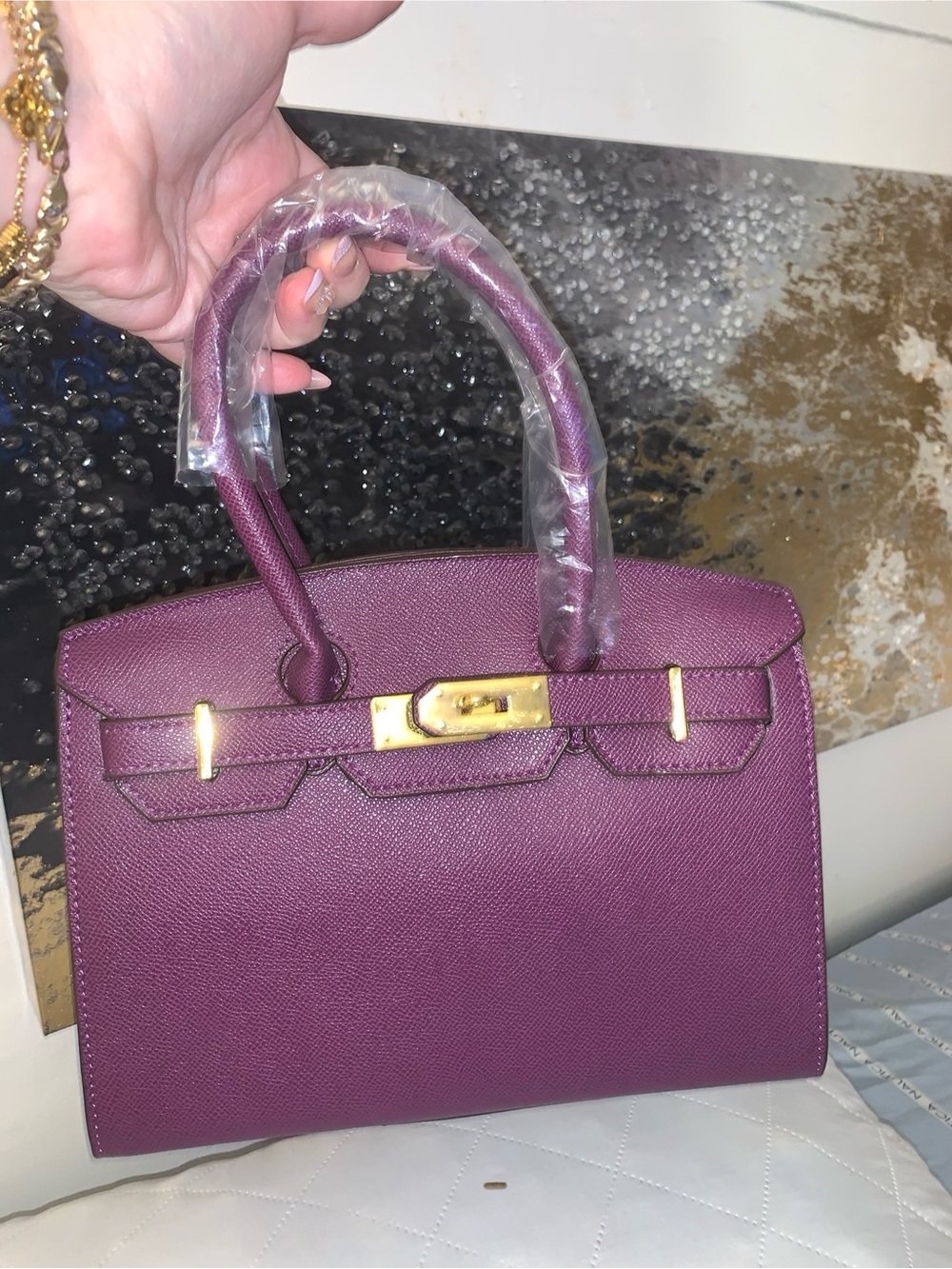 Brand New !! Cute Purple Structured Top-Handle Satchel Bag with Gold Hardware